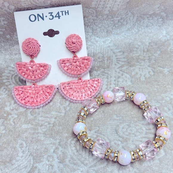 Brand New On 34th Woven Coral Pink Drop Earrings & Beaded Rhinestone Bracelet - Picture 3 of 13